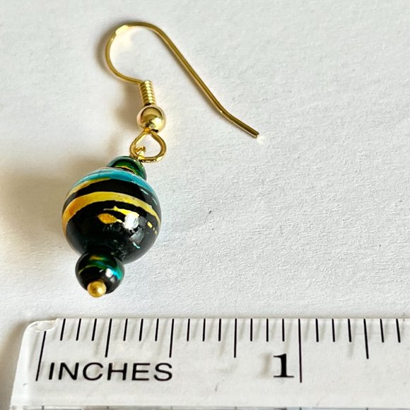 Aqua Blue Black Clear Murano Glass Earrings Bead Hand Painted Round Gold Plated - Picture 8 of 9